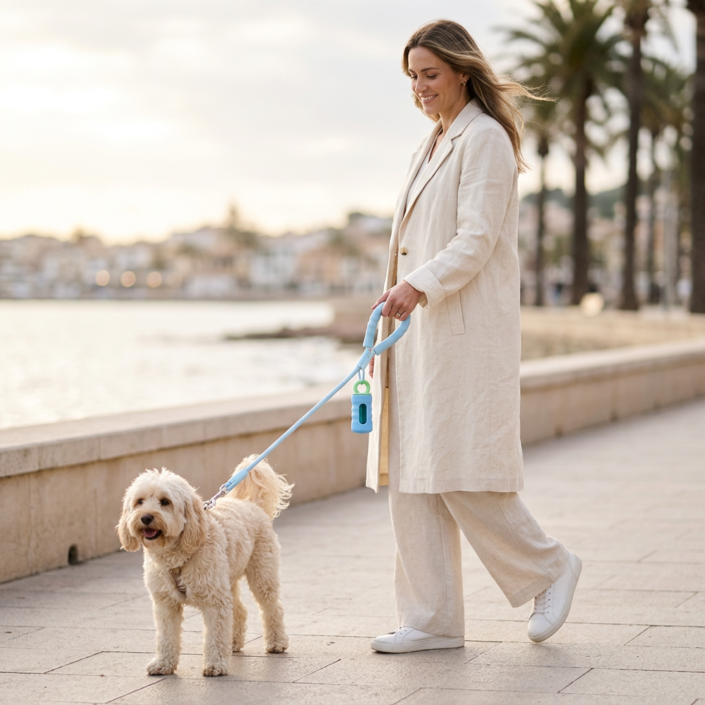 Woman walking her doodle along a coastal promenade with a matching Coastal Blue WaggyWays leash and dispenser