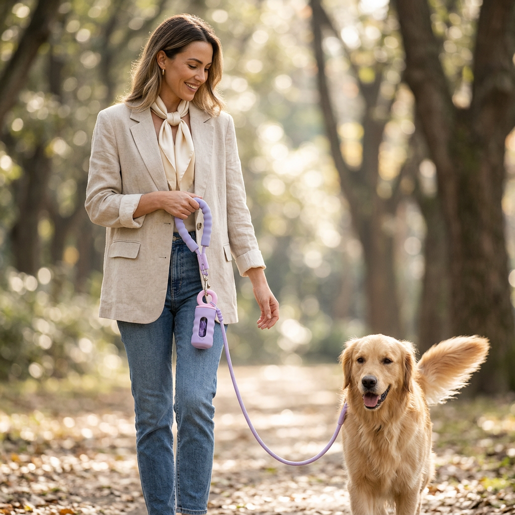 Woman walking her golden retriever along a leaf-strewn woodland trail with a matching lavender WaggyWays leash and dispenser